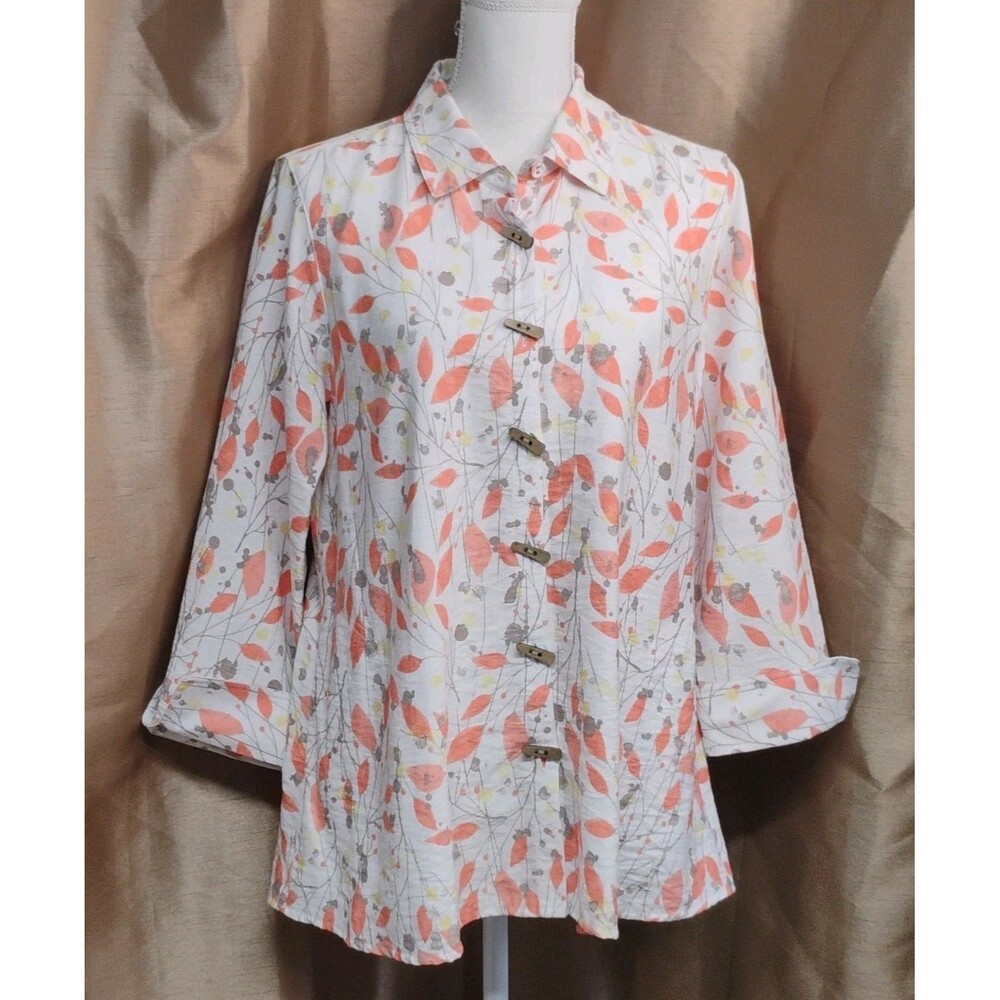 Multiples Coastal Grandma Floral Button Front Collared Shacket 3/4 Sleeve S